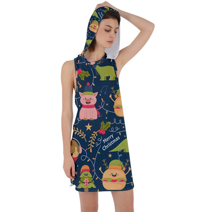 Colorful-funny-christmas-pattern Merry Christmas Xmas Racer Back Hoodie Dress