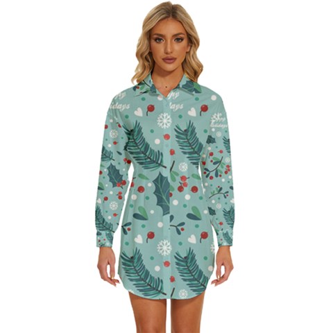 Seamless-pattern-with-berries-leaves Womens Long Sleeve Shirt Dress by Amaryn4rt