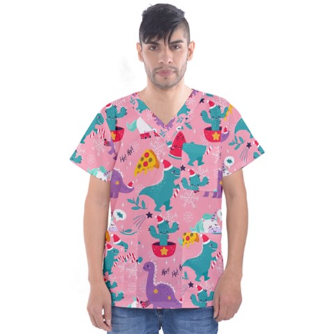 Colorful-funny-christmas-pattern Ho Ho Ho Men s V-neck Scrub Top by Amaryn4rt