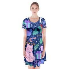 Colorful-funny-christmas-pattern Pig Animal Short Sleeve V-neck Flare Dress by Amaryn4rt