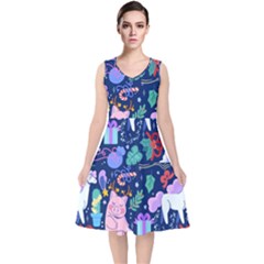 Colorful-funny-christmas-pattern Pig Animal V-neck Midi Sleeveless Dress  by Amaryn4rt