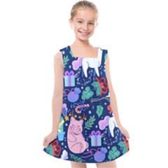 Colorful-funny-christmas-pattern Pig Animal Kids  Cross Back Dress by Amaryn4rt