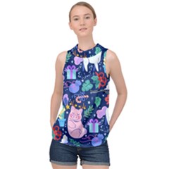 Colorful-funny-christmas-pattern Pig Animal High Neck Satin Top by Amaryn4rt