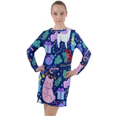 Colorful-funny-christmas-pattern Pig Animal Long Sleeve Hoodie Dress