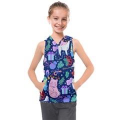 Colorful-funny-christmas-pattern Pig Animal Kids  Sleeveless Hoodie by Amaryn4rt