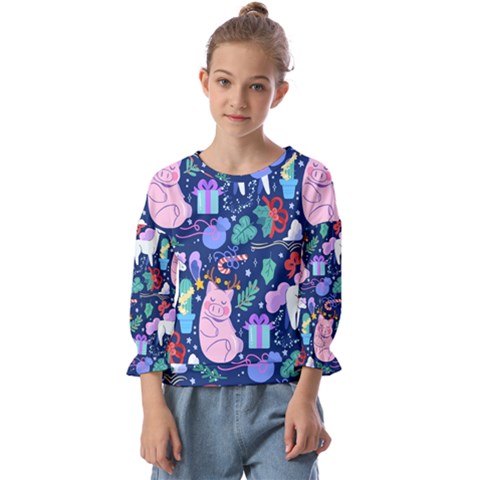 Colorful-funny-christmas-pattern Pig Animal Kids  Cuff Sleeve Top by Amaryn4rt