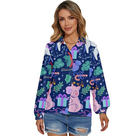 Colorful-funny-christmas-pattern Pig Animal Women s Long Sleeve Button Up Shirt by Amaryn4rt