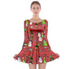 Santa Snowman Gift Holiday Christmas Cartoon Long Sleeve Skater Dress