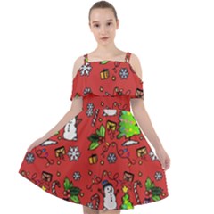 Santa Snowman Gift Holiday Christmas Cartoon Cut Out Shoulders Chiffon Dress