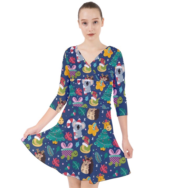 Colorful-funny-christmas-pattern  --- Quarter Sleeve Front Wrap Dress