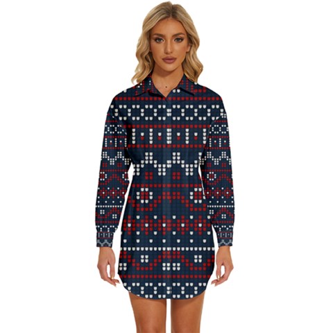 Christmas-concept-with-knitted-pattern Womens Long Sleeve Shirt Dress by Amaryn4rt