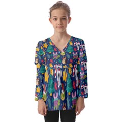 Colorful-funny-christmas-pattern  --- Kids  V Neck Casual Top by Amaryn4rt