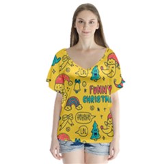 Colorful-funny-christmas-pattern Cool Ho Ho Ho Lol V-neck Flutter Sleeve Top by Amaryn4rt