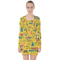 Colorful-funny-christmas-pattern Cool Ho Ho Ho Lol V-neck Bodycon Long Sleeve Dress by Amaryn4rt