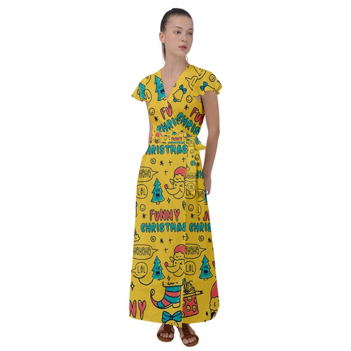 Colorful-funny-christmas-pattern Cool Ho Ho Ho Lol Flutter Sleeve Maxi Dress