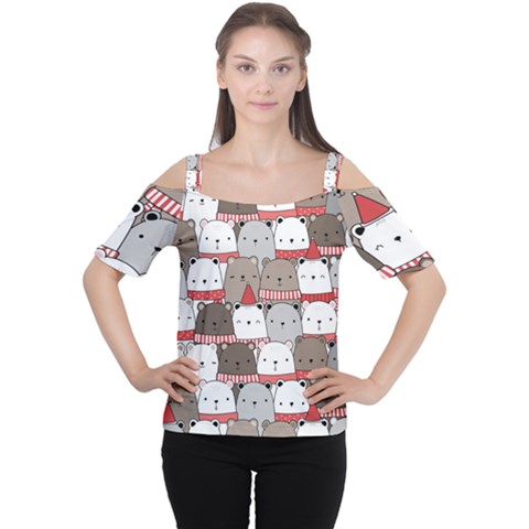 Cute Adorable Bear Merry Christmas Happy New Year Cartoon Doodle Seamless Pattern Cutout Shoulder T-shirt by Amaryn4rt