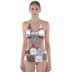 Cute Adorable Bear Merry Christmas Happy New Year Cartoon Doodle Seamless Pattern Cut-out One Piece Swimsuit by Amaryn4rt