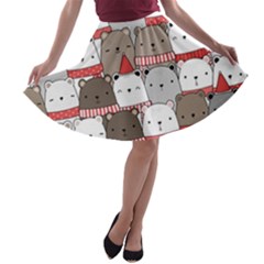 Cute Adorable Bear Merry Christmas Happy New Year Cartoon Doodle Seamless Pattern A-line Skater Skirt by Amaryn4rt