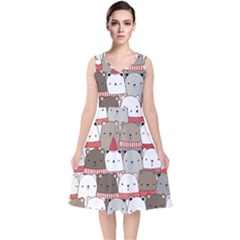 Cute Adorable Bear Merry Christmas Happy New Year Cartoon Doodle Seamless Pattern V-neck Midi Sleeveless Dress  by Amaryn4rt