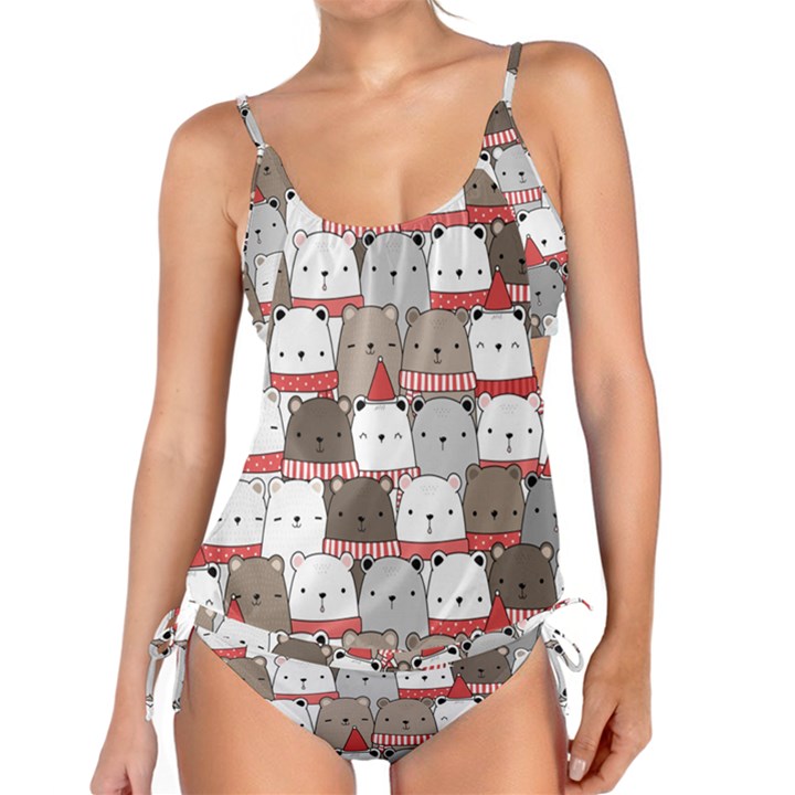 Cute Adorable Bear Merry Christmas Happy New Year Cartoon Doodle Seamless Pattern Tankini Set