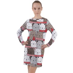 Cute Adorable Bear Merry Christmas Happy New Year Cartoon Doodle Seamless Pattern Long Sleeve Hoodie Dress by Amaryn4rt