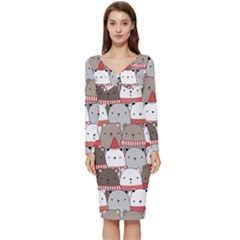 Cute Adorable Bear Merry Christmas Happy New Year Cartoon Doodle Seamless Pattern Long Sleeve V-neck Bodycon Dress  by Amaryn4rt