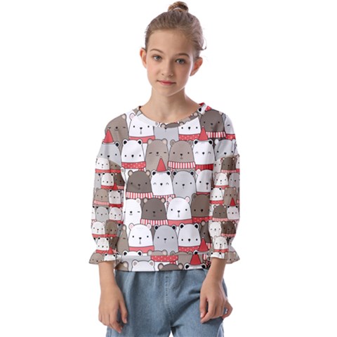 Cute Adorable Bear Merry Christmas Happy New Year Cartoon Doodle Seamless Pattern Kids  Cuff Sleeve Top by Amaryn4rt