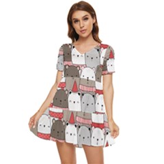 Cute Adorable Bear Merry Christmas Happy New Year Cartoon Doodle Seamless Pattern Tiered Short Sleeve Babydoll Dress by Amaryn4rt