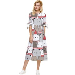 Cute Adorable Bear Merry Christmas Happy New Year Cartoon Doodle Seamless Pattern Bow Sleeve Chiffon Midi Dress by Amaryn4rt