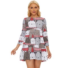 Cute Adorable Bear Merry Christmas Happy New Year Cartoon Doodle Seamless Pattern Long Sleeve Babydoll Dress by Amaryn4rt