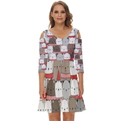 Cute Adorable Bear Merry Christmas Happy New Year Cartoon Doodle Seamless Pattern Shoulder Cut Out Zip Up Dress