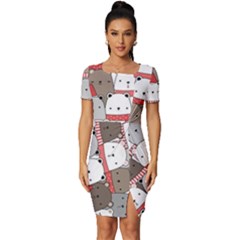 Cute Adorable Bear Merry Christmas Happy New Year Cartoon Doodle Seamless Pattern Fitted Knot Split End Bodycon Dress by Amaryn4rt