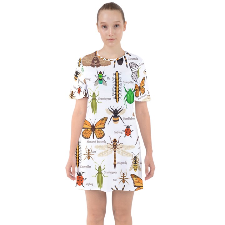 Insects-seamless-pattern Sixties Short Sleeve Mini Dress