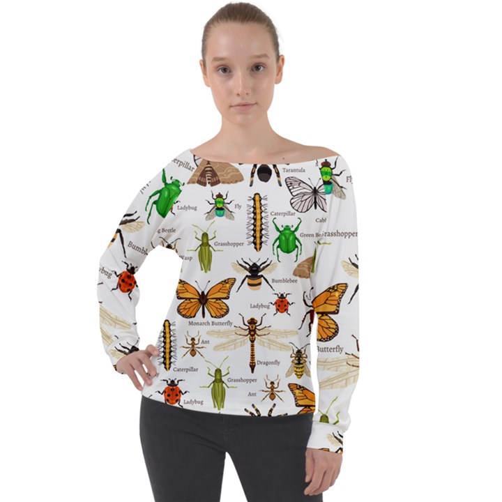 Insects-seamless-pattern Off Shoulder Long Sleeve Velour Top