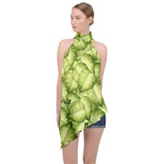 Seamless-pattern-with-green-leaves Halter Asymmetric Satin Top