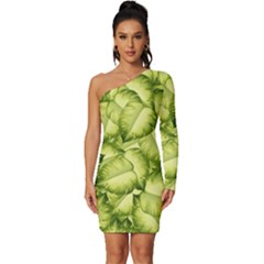 Seamless-pattern-with-green-leaves Long Sleeve One Shoulder Mini Dress by Amaryn4rt