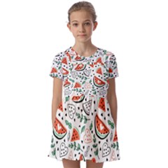 Seamless-vector-pattern-with-watermelons-mint Kids  Short Sleeve Pinafore Style Dress by Amaryn4rt