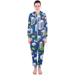 Isometric-seamless-pattern-megapolis Hooded Jumpsuit (ladies) by Amaryn4rt