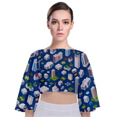 Isometric-seamless-pattern-megapolis Tie Back Butterfly Sleeve Chiffon Top by Amaryn4rt