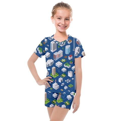 Isometric-seamless-pattern-megapolis Kids  Mesh T-shirt And Shorts Set by Amaryn4rt