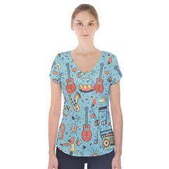 Seamless-pattern-musical-instruments-notes-headphones-player Short Sleeve Front Detail Top by Amaryn4rt