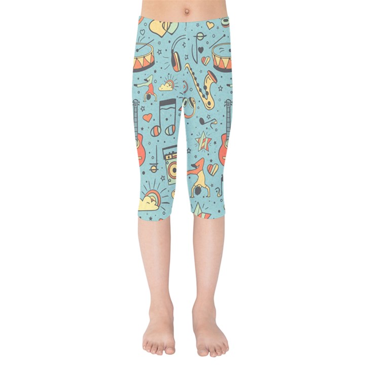 Seamless-pattern-musical-instruments-notes-headphones-player Kids  Capri Leggings 