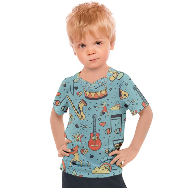 Seamless-pattern-musical-instruments-notes-headphones-player Kids  Sports T-Shirt