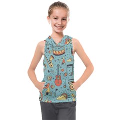 Seamless-pattern-musical-instruments-notes-headphones-player Kids  Sleeveless Hoodie by Amaryn4rt