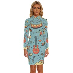 Seamless-pattern-musical-instruments-notes-headphones-player Long Sleeve Shirt Collar Bodycon Dress by Amaryn4rt