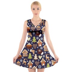 Winter-seamless-patterns-with-gingerbread-cookies-holiday-background V-neck Sleeveless Dress by Amaryn4rt