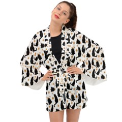 Black-cat-star-christmas-tree Long Sleeve Kimono by Amaryn4rt