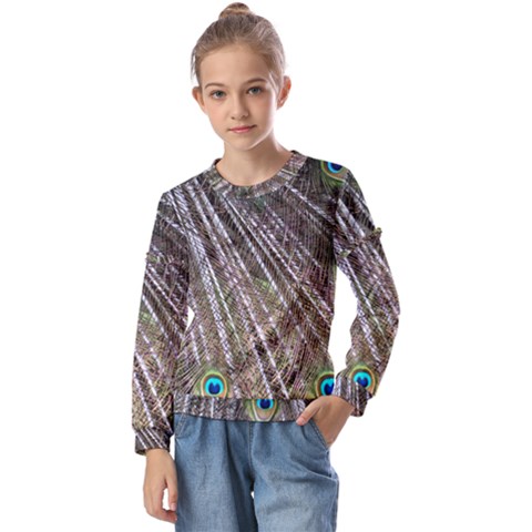 Peacock-feathers-pattern-colorful Kids  Long Sleeve T-shirt With Frill  by Amaryn4rt