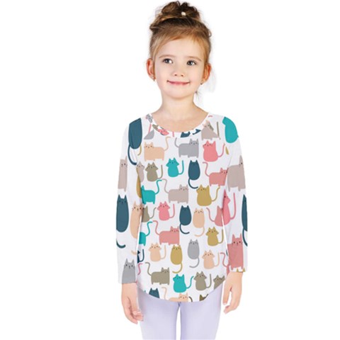 Cute-seamless-pattern-happy-kitty-kitten-cat Kids  Long Sleeve T-shirt by Amaryn4rt