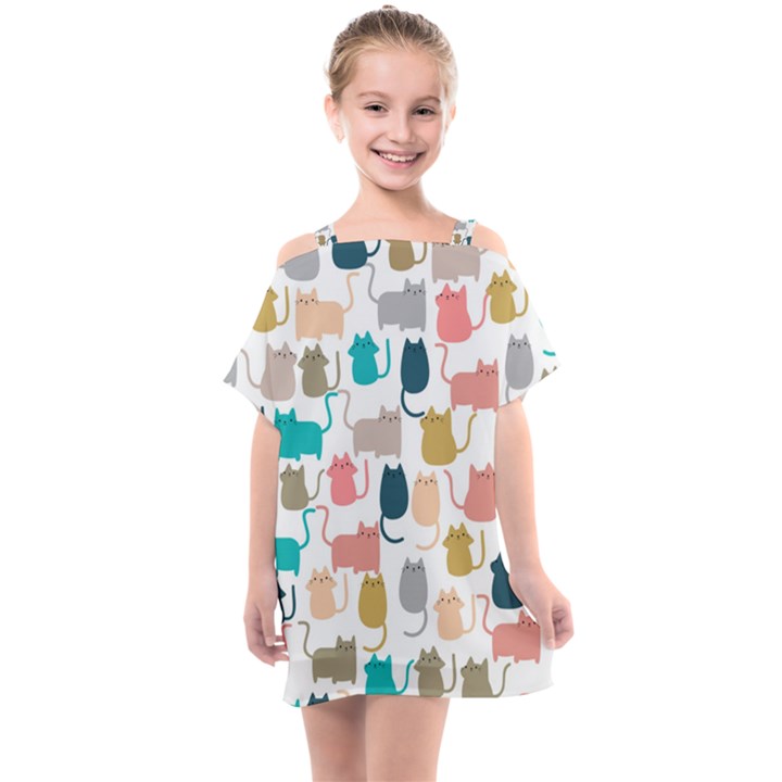 Cute-seamless-pattern-happy-kitty-kitten-cat Kids  One Piece Chiffon Dress